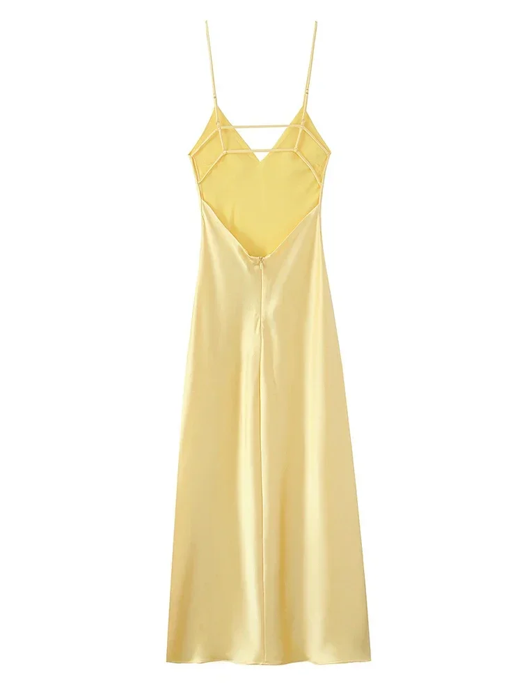 Amarelo elegante mancha feminino estilingue vestido sexy sem costas sem mangas com decote em v cintura alta vestido de noite verão chique senhora partywear 2025