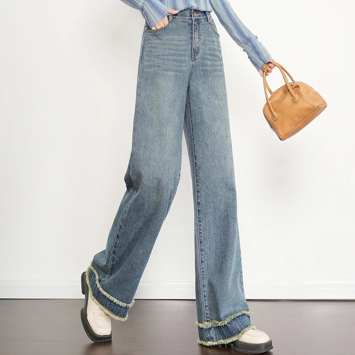 LOUIS YAO Jeans Panjang Dicuci Kasual Retro Modis Musim Gugur 2025 untuk Wanita Jeans Tepi Kaki Lurus Pinggang Tinggi