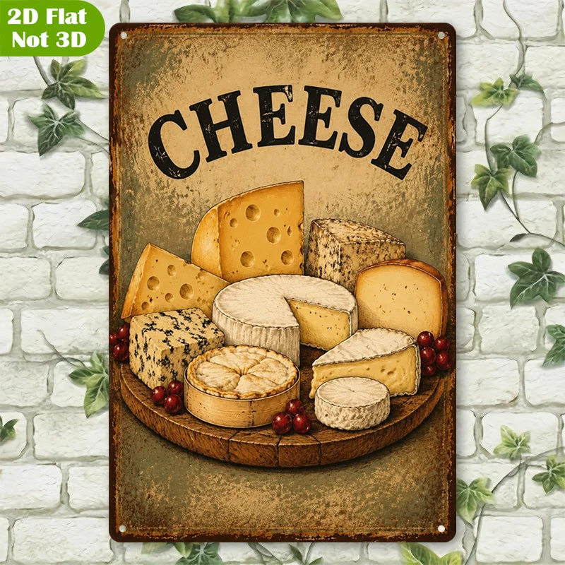 1Pcs Retro Style Cheese Platter Metal Wall Decor Plaque, Rustic Tabletop Plate Sign, Food Cheese Themed Wall Art Decor