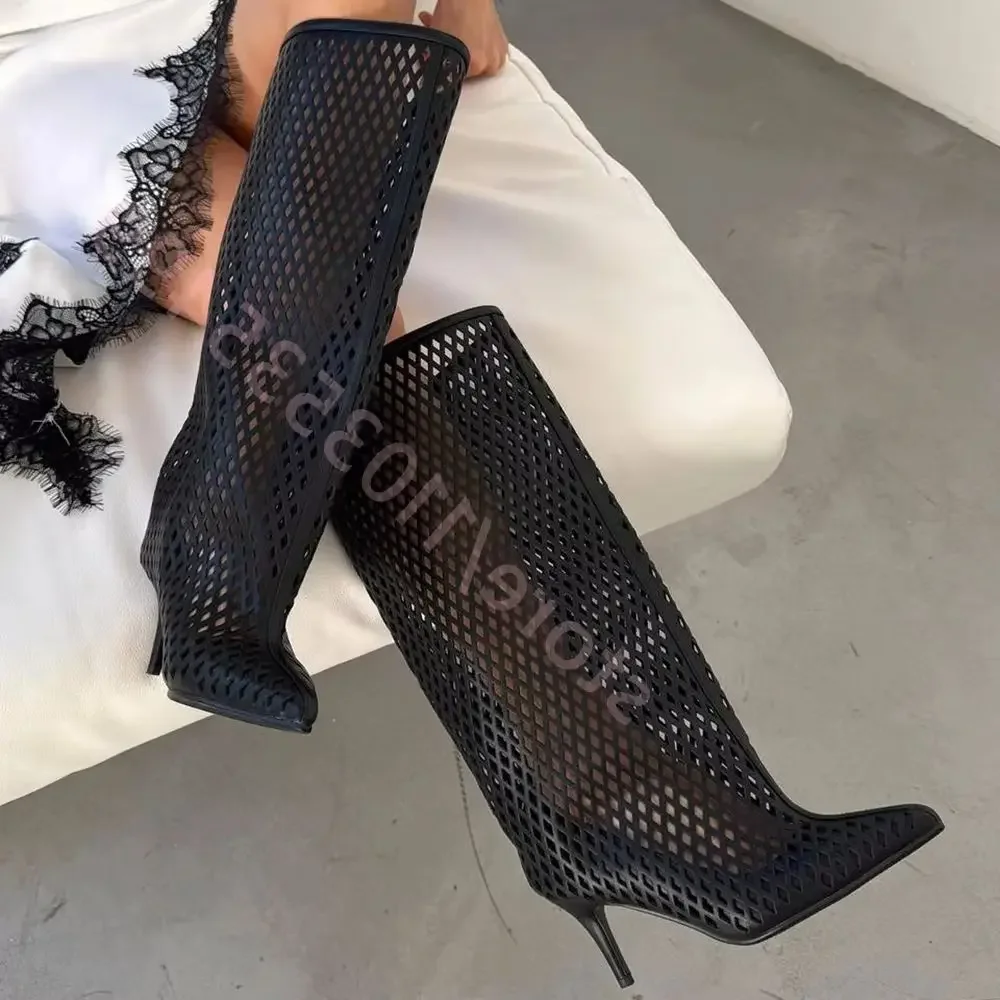 Pointed Toe Stiletto Heel Hollow Out Summer Boots 2026 New Mesh Knee High Boots for Women Fashion See-Through Shoes for Party