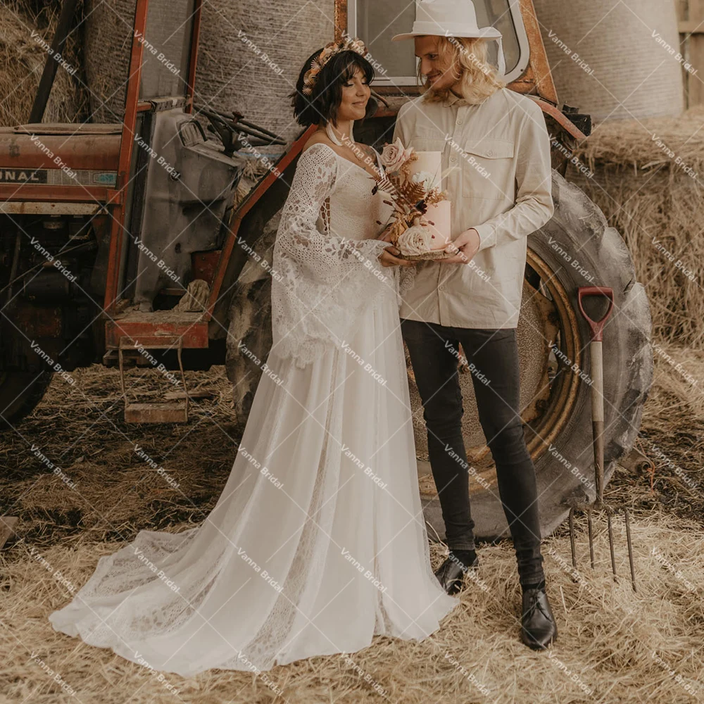 Gaun Pengantin Renda Bohemian Lengan Sayap Kelelawar Panjang Gaun Pengantin V Neck Ritsleting Samping Korset Sifon Pantai Pastrol Gaun Pengantin