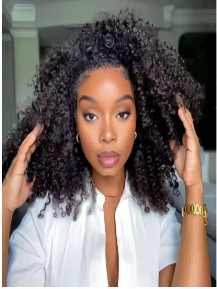 Mise à niveau 3 en 1 demi-perruque avec cordon de serrage sans couture Clip Ins Flip sur crépus bouclés perruque 200% densité bouclés demi-perruques pour les femmes cheveux