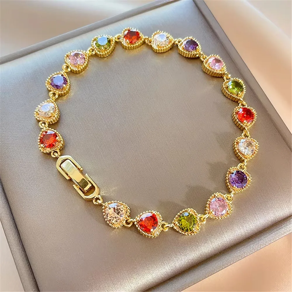 

Colorful Rainbow Zircon Bracelet Splicing Design Luxury Heart Shaped Bracelet Sweet Easy To Buckle Chain Bracelets
