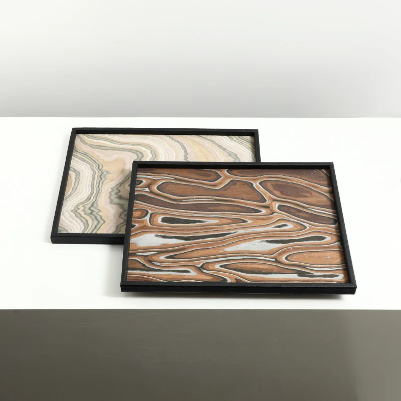 New Chinese-style wabi-sabi wind abstract pattern veneer tray, sales office villa desktop creative storage tray