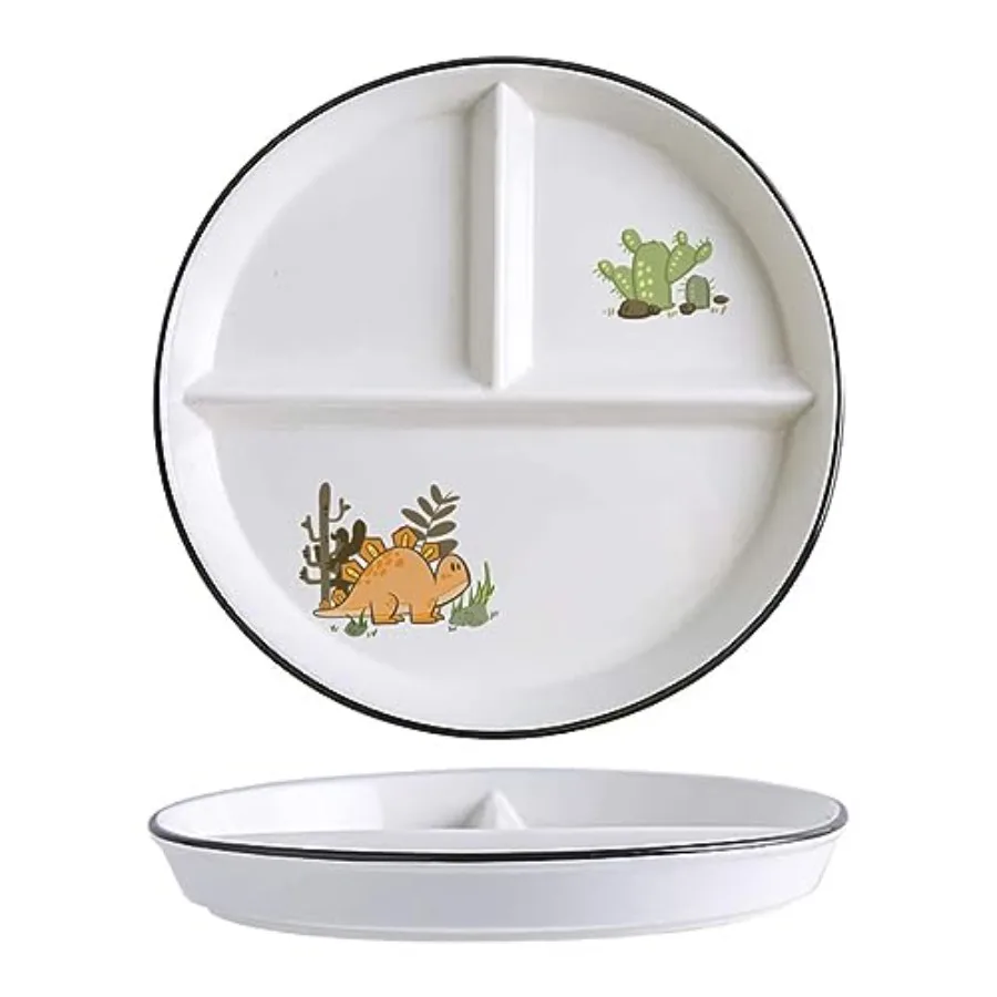 Dinosaur Ceramic 3-Compartment Portion Control Plate Divided Dish Platters, Divided Dessert and Salad Dinner Snack Dishes, Appe