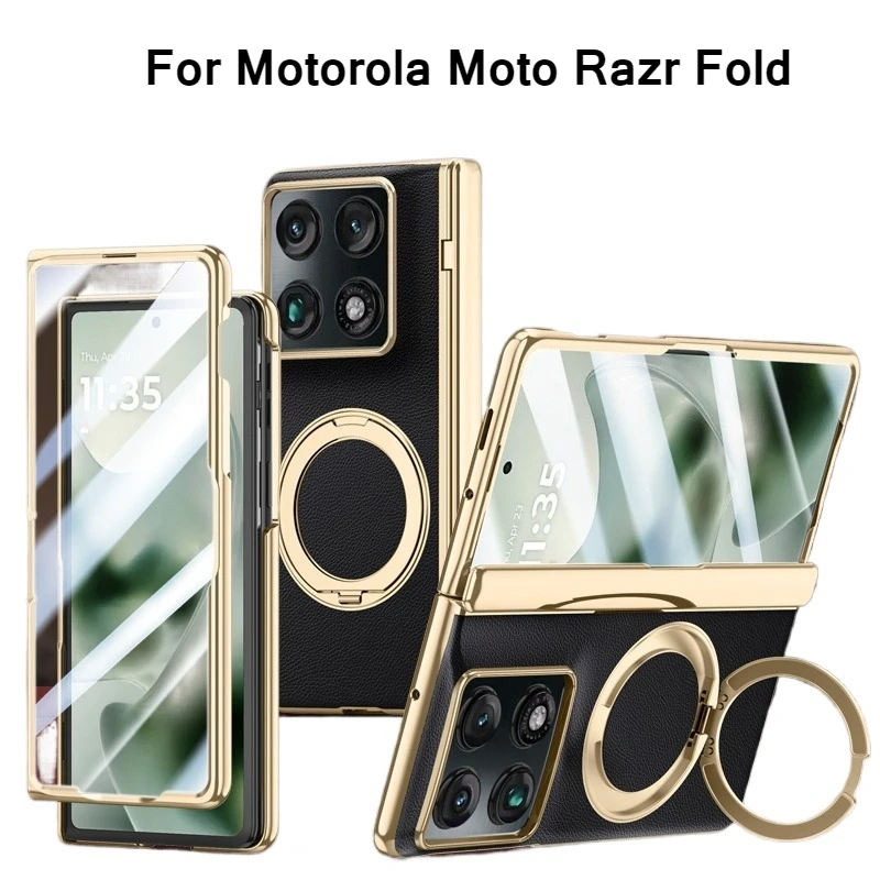 

For Motorola Moto Razr Fold Case Luxury Leather +PC Hinged Folding Cover with Magnetic Ring Holder Stand with HD Privacy Glass