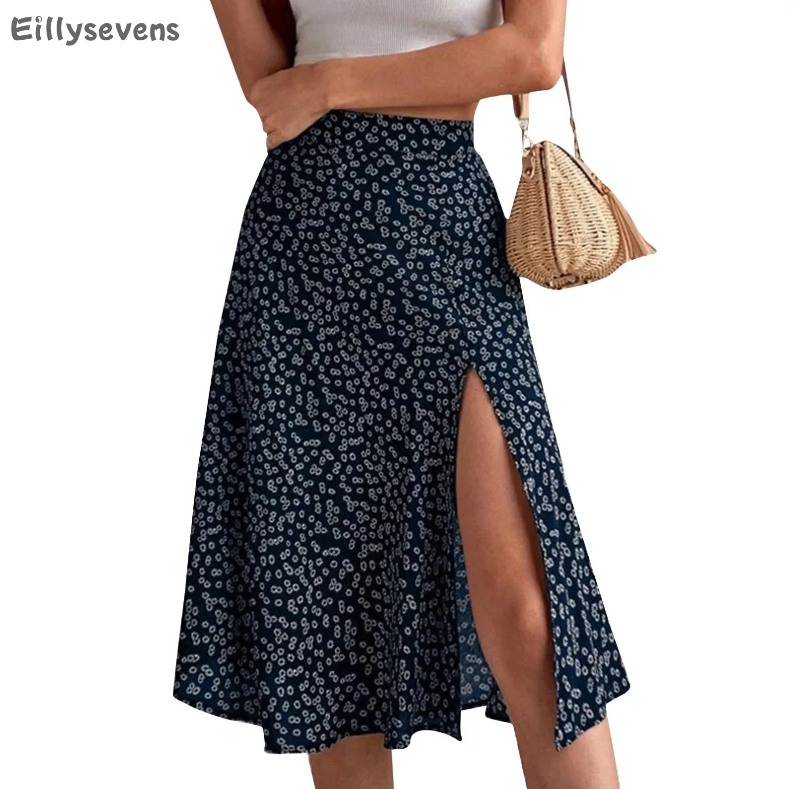 

women long skirt summer Versatile floral skirt Casual Daily Split A-line Hip Wrap Middle dresses classic beach vacation faldas