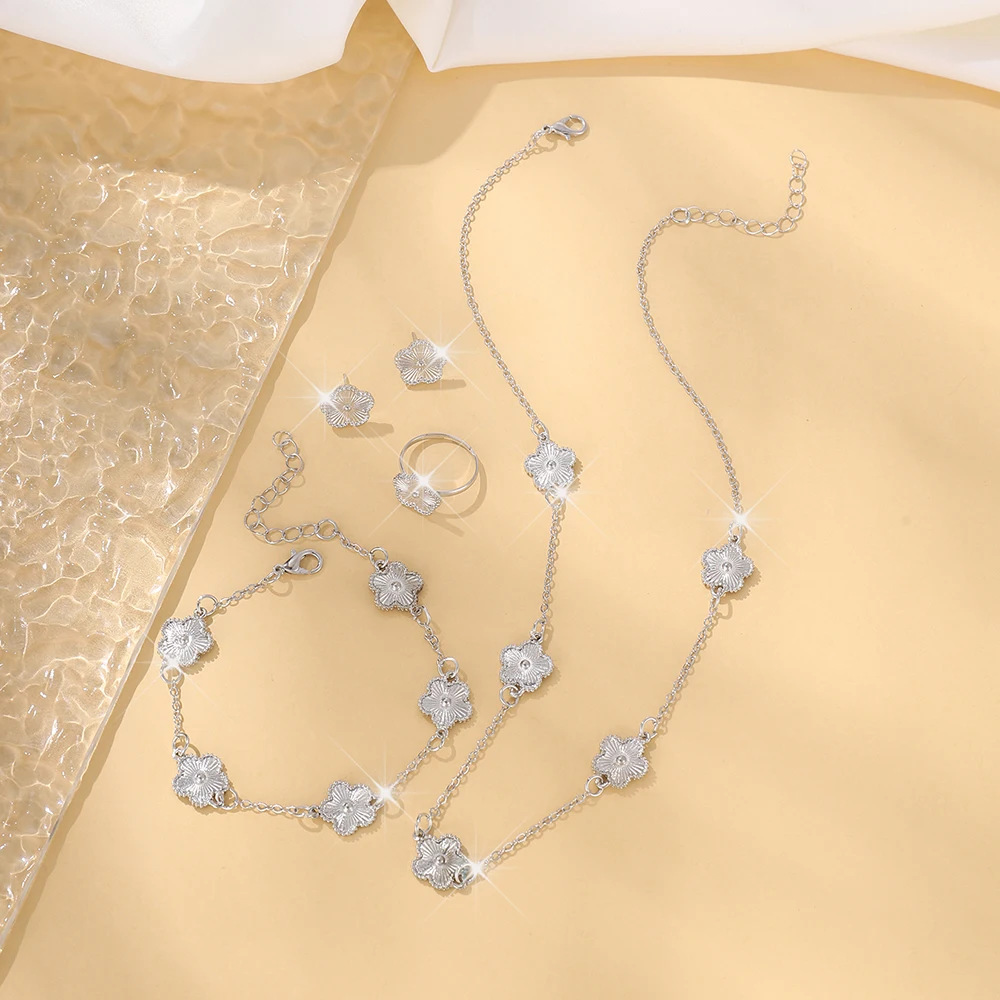 5 Piece Set Fashionable Elegant Rhinestone flower Shaped Decorative Jewelry Earrings Necklaces Bracelets Ring Combinations
