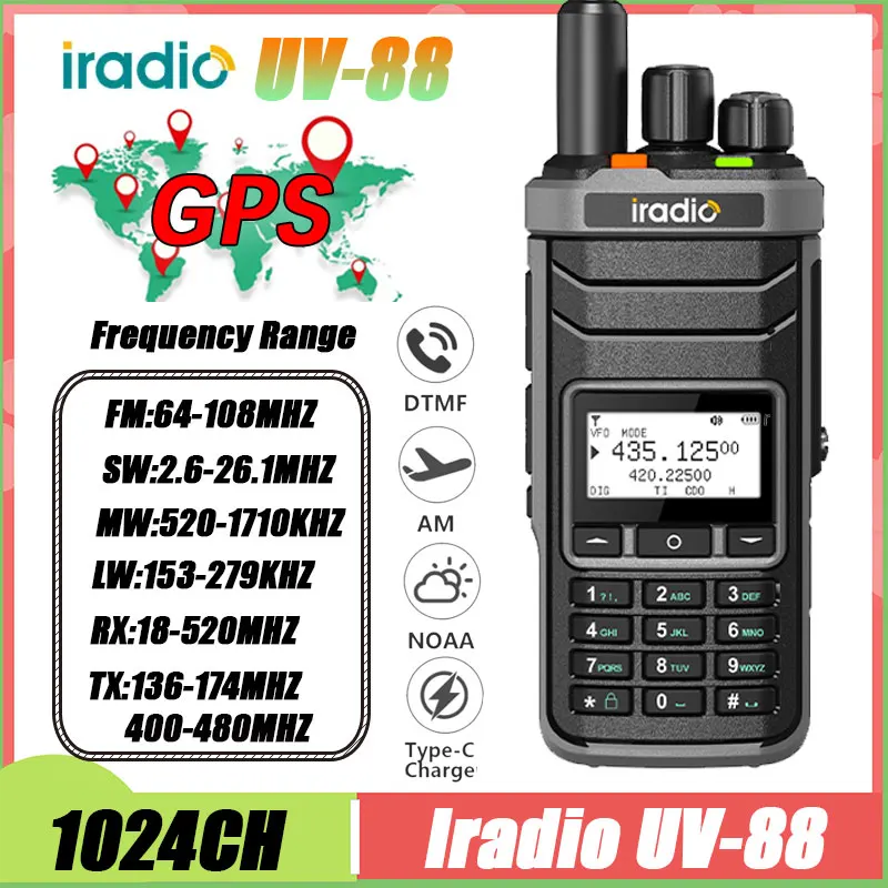 Iradio UV-88 GPS Walkie Talkie Shortwave UV88 Radio Type-C Charging 18-520mhz Receiving NOAA 1024 Channel Frequency Channel Scan