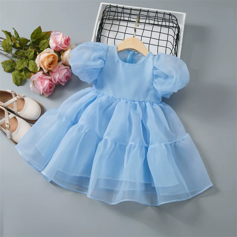 Girls Puffy Princess Dress Baby Sweet Rainbow Tie-Dye Puff Sleeve Dress Kids Exquisite Fantasy Lovely Tutu Birthday Party Gown
