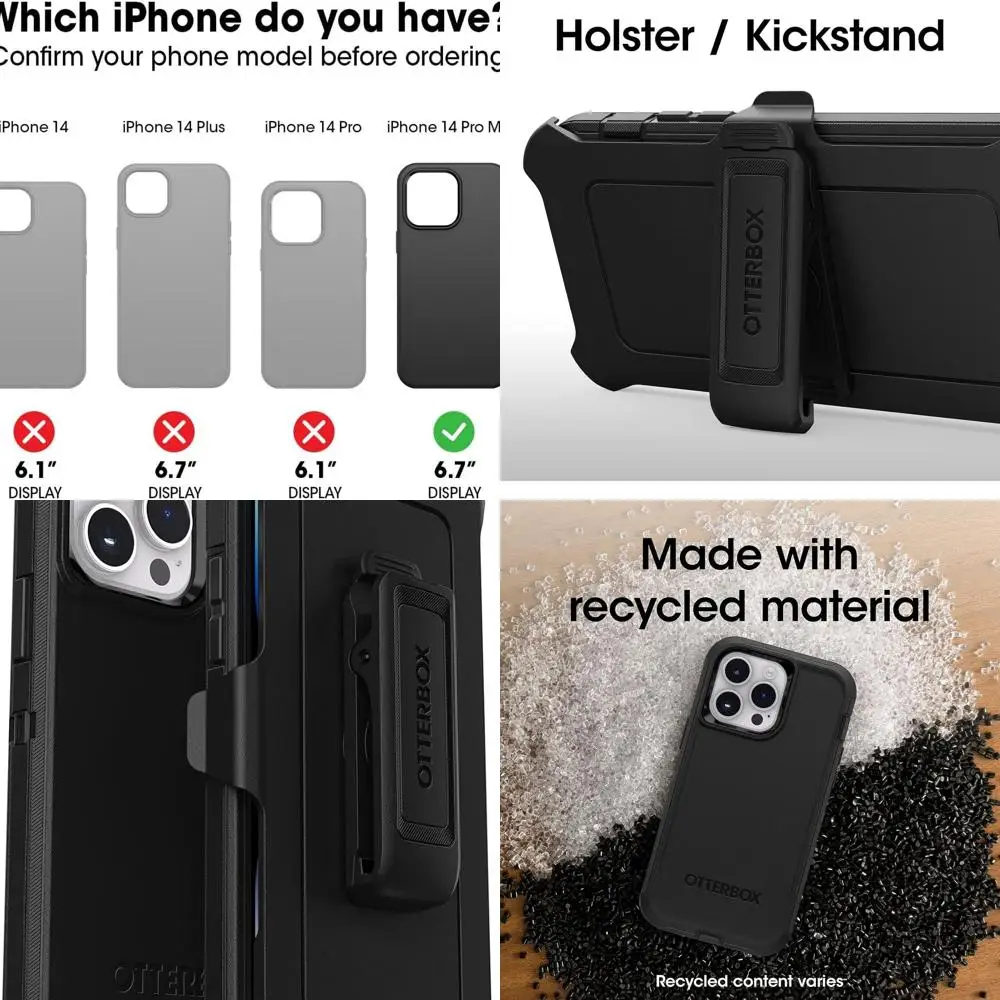 iPhone 14 Pro Max (ONLY) Defender Series Case - BLACK , Rugged & Durable, with Port Protection, Includes Holster Clip Kickstand