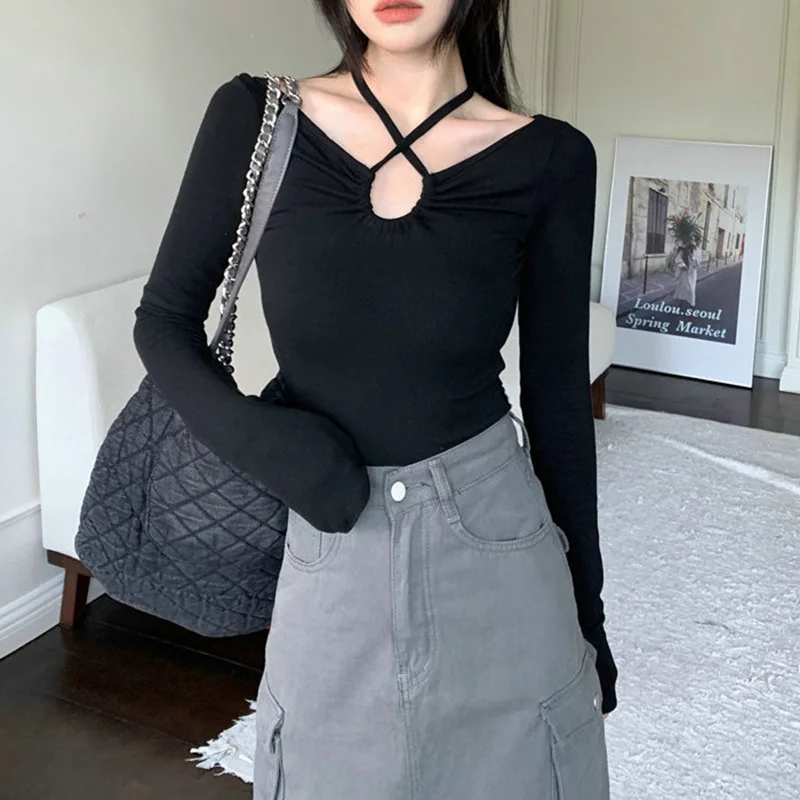 Autumn Korean Fashion Y2K T-shirt Woman Japanese halter Bandage V-neck Sexy Skinny Long Sleeve Autum Tee Shirt Tshirt Women Tops