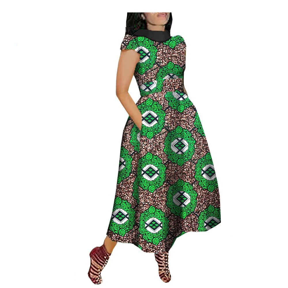 African Maxi Dress for Women Private Custom V-Back Short Sleeve Turn-down Collar Plus Size Casual Dress Ankara Attire Party Prom