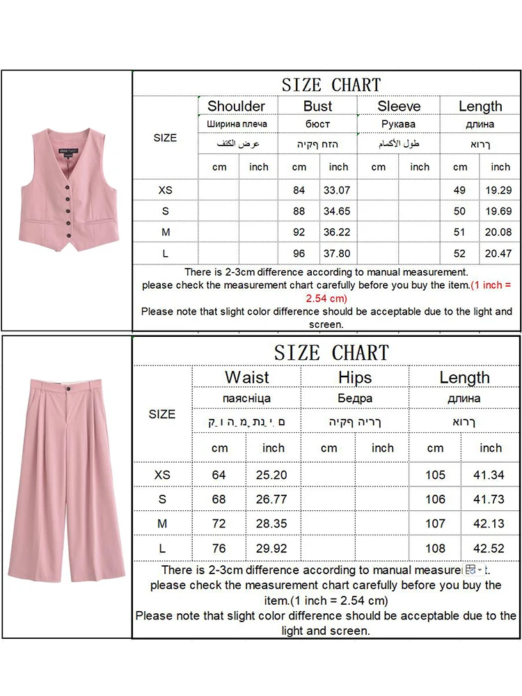 TRAF 2 Pieces Women\'s Solid Suit 2024 Autumn V-neck Single Breasted Pockets Vest Tops Zipper Wide Leg Pant Office Ladies Outfits