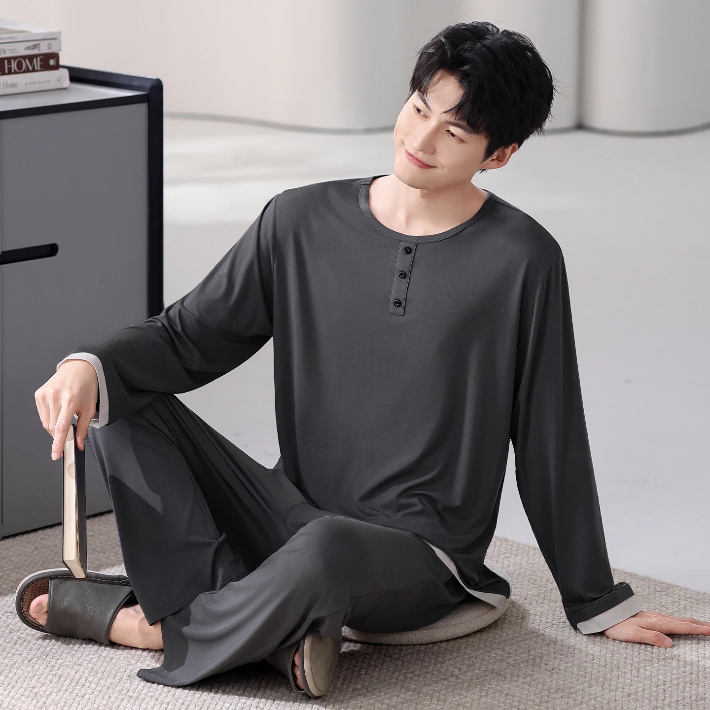 Men Pyjamas Set Soft Modal Spring Long Sleeve Solid Men Pajama Suit Autumn Nightwear O-Neck Pijamas Male Sleepwear Two Piece 4XL