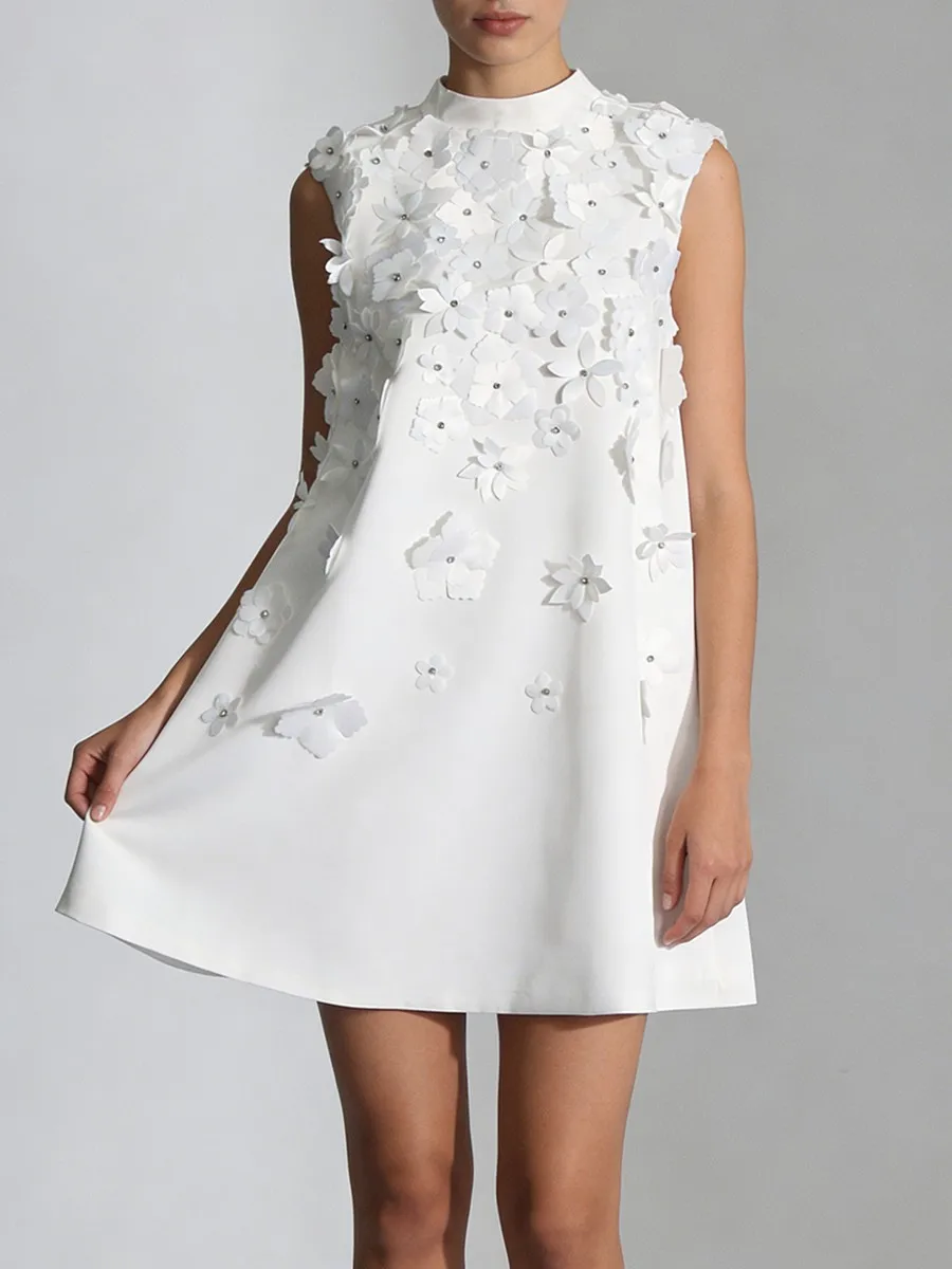 

Французское шикарное белое мини-платье для женщин с 3D цветочными аппликациями, бисером, воротником-стойкой, без рукавов, элегантное, А-силуэт, для летних вечеринок, Vestidos 2026 Новинка