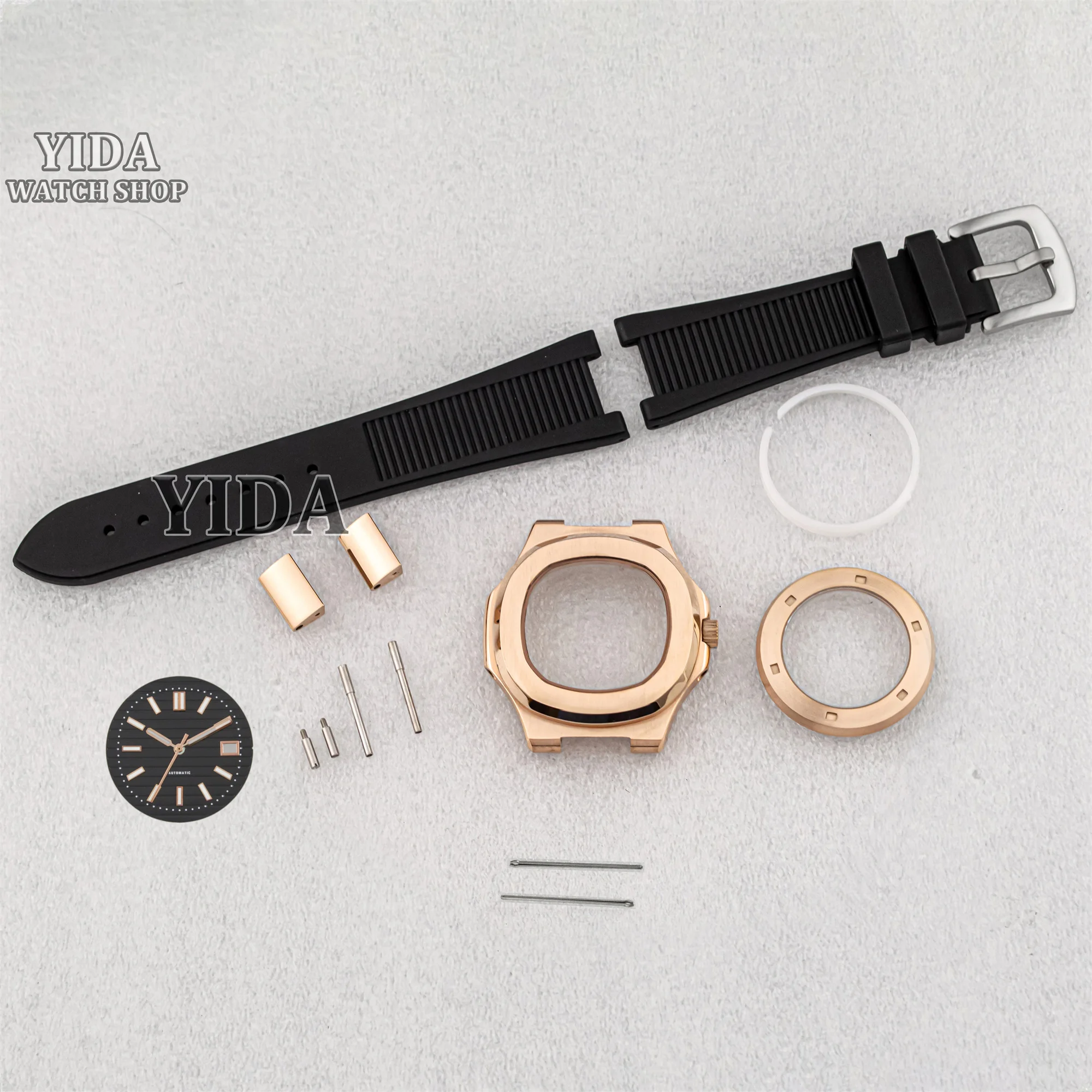 

41mm NH35 Case Rubber Strap Stainless Steel Rose Gold Watch Case Luminous Dial Hands Waterproof Case Fit Nautilus NH35 Movement