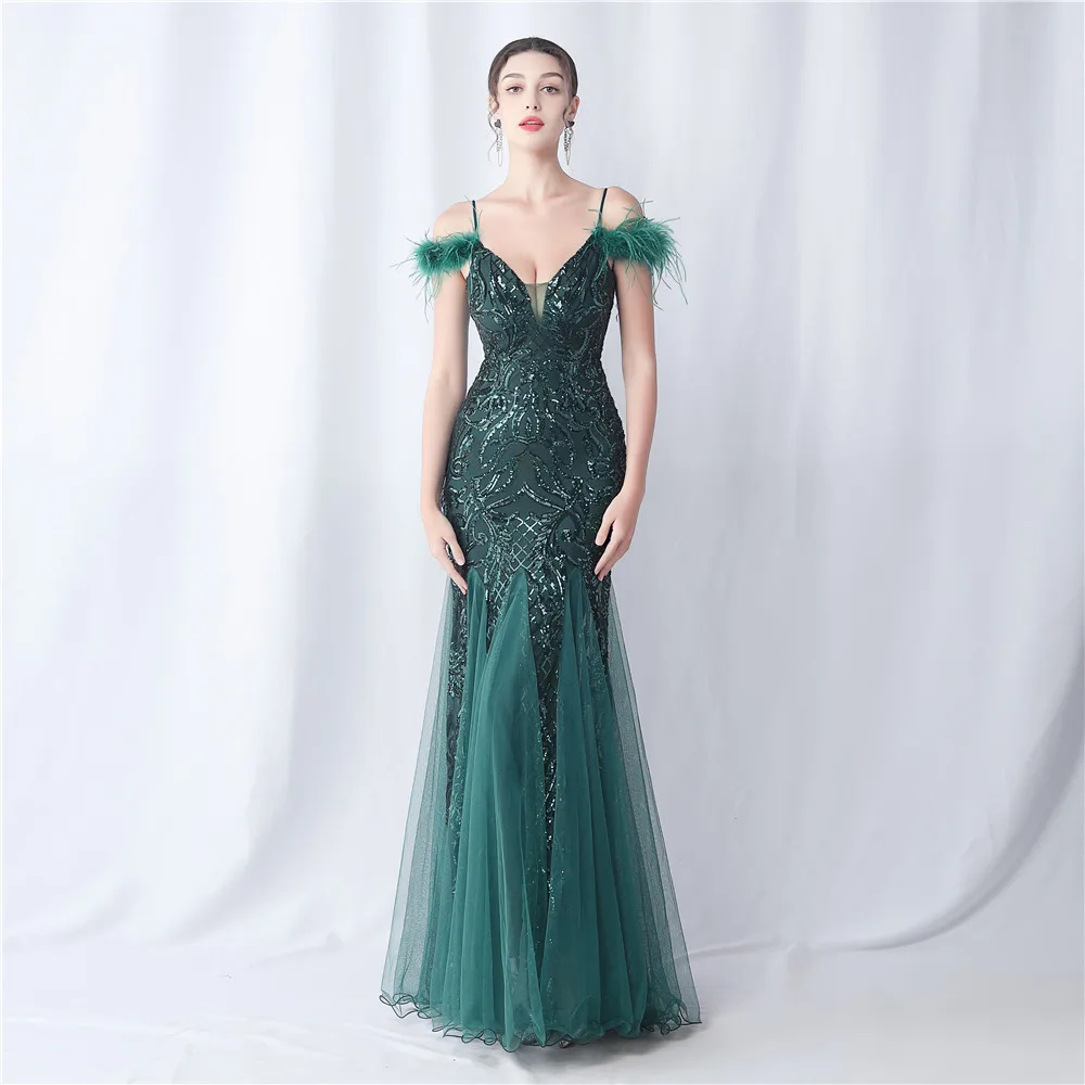 DEERVEADO Deep V Neck Evening Dresses For Woman Elegant Mermaid Off Shoulder Strap Formal Dress Prom Party Gown