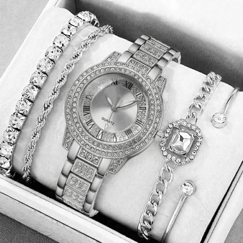 5Pcs/Set Unisex Jewelry Watches Women's Wristwatch Accessories Silver Trendy Fashionable Elegant Exquisite Light Luxury Rhinestone Luxury Roman Numeral Dial Round Dial Quartz Watch Set Y2K Suitable for Travel, Parties, Daily Outfits, Perfect Birthday and Holiday Gift