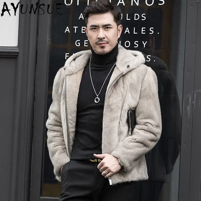 AYUNSUE Real Mink Fur Coats Mens Fur Jacket Coat Winter Jackets for Men Hooded Black Fur Jackets Business Zipper Pockets SGG887