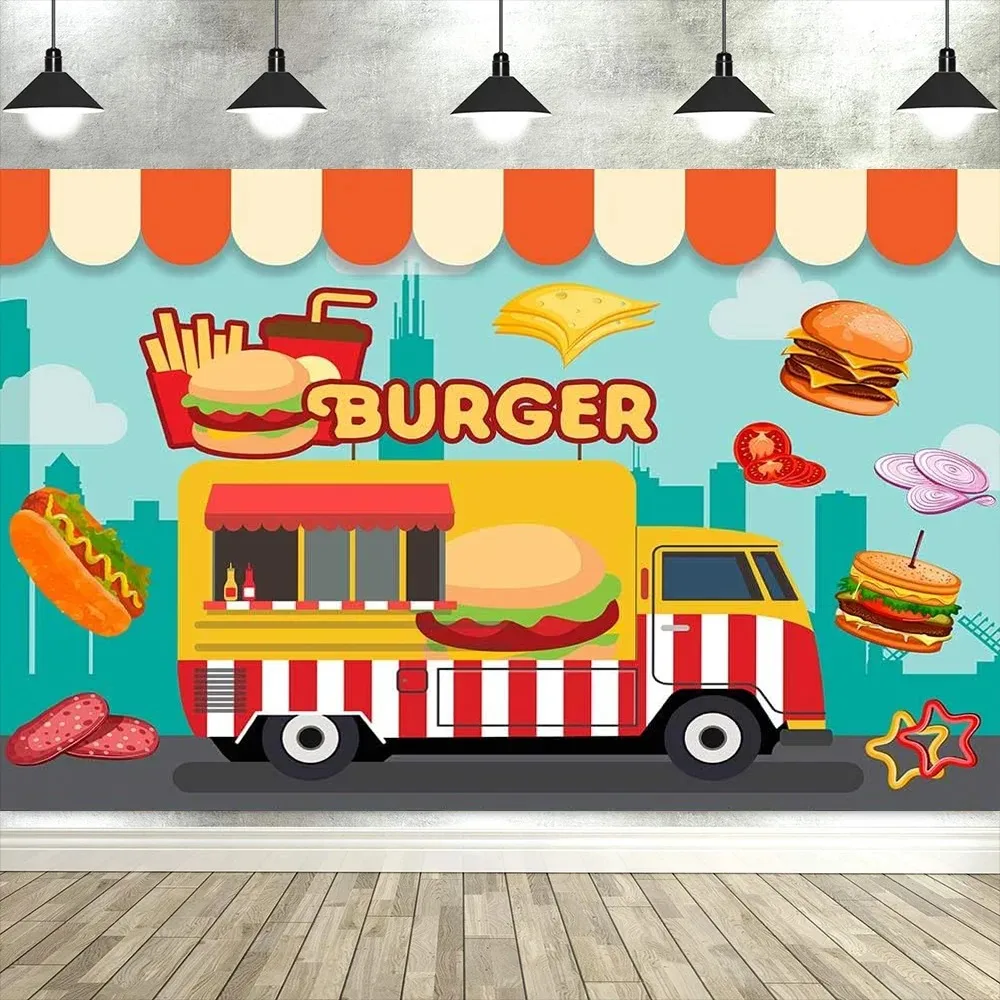 Fast Food Burger Truck Themed Banner Photography Background, Children's Birthday Party Decoration Photography Studio Background