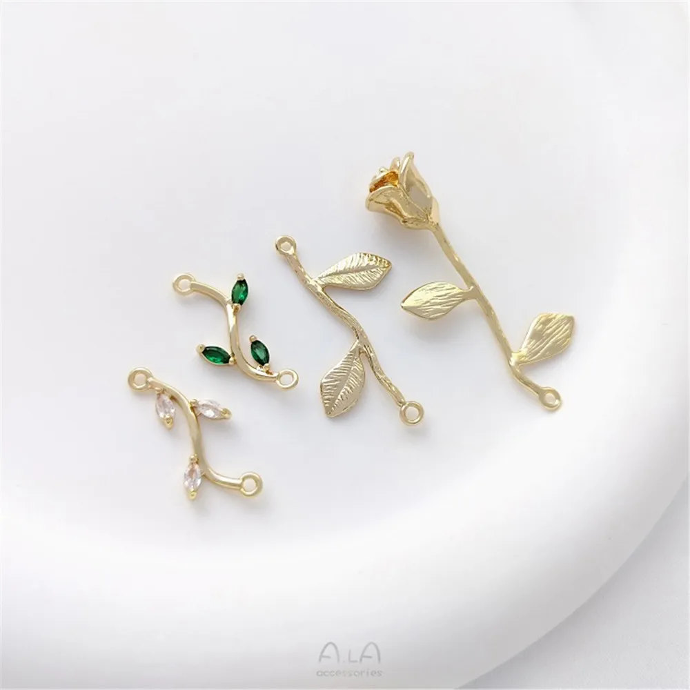 14K Gold Double Hanging Branches Rose Green Zircon Leaves Diy Bracelet Double Hanging Earrings Tassel Pendant Accessories