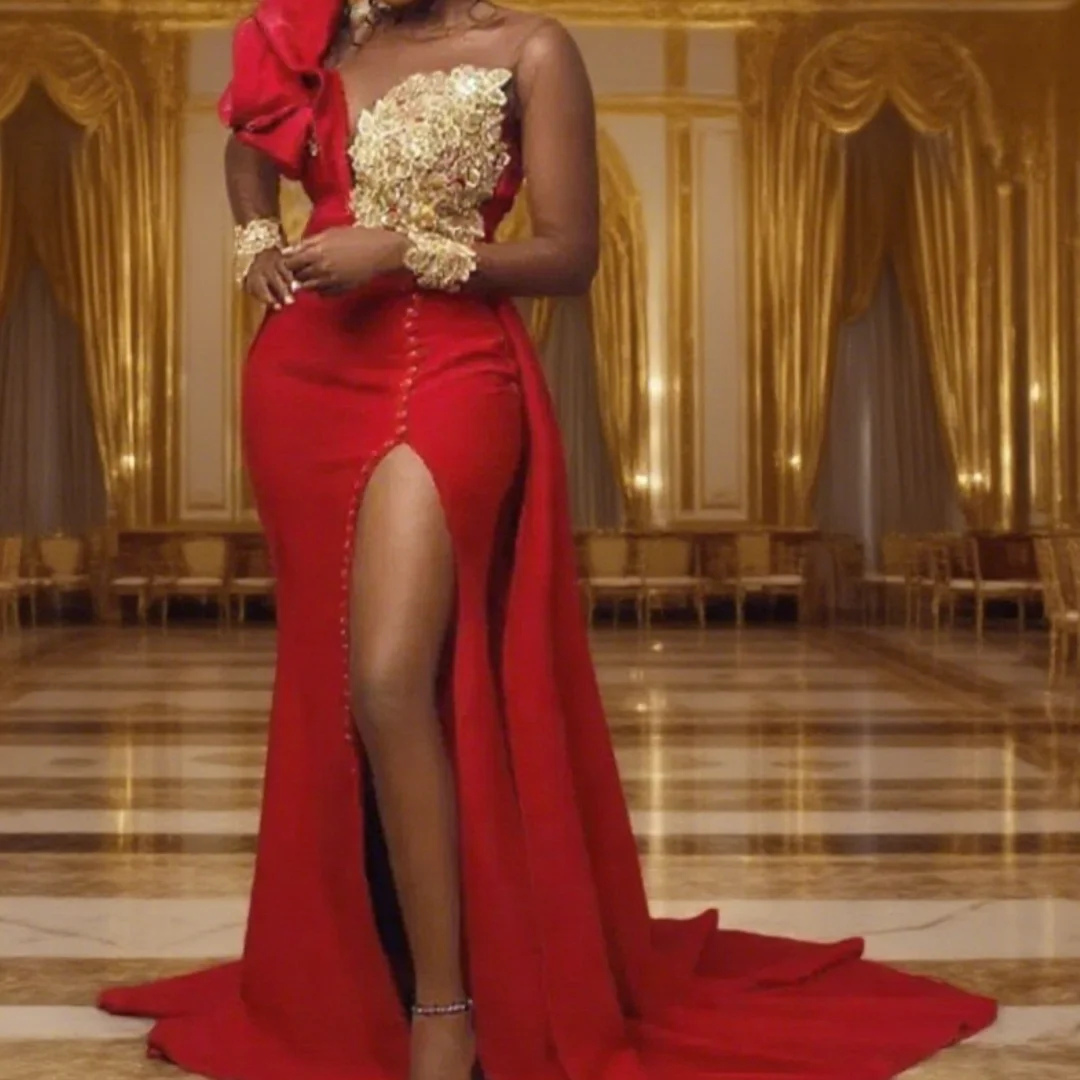 Elegant  Golden Sweetheart Floor-Length Sleeveless Trumpet Gown Red Evening Party Dress Side Split for Women Prom Banquet