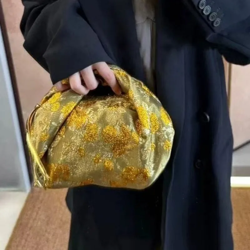 Gold Patterned Women's Handbag 2025 New Design Pleated Cloud Bag Fashion Satin Dumpling Bag