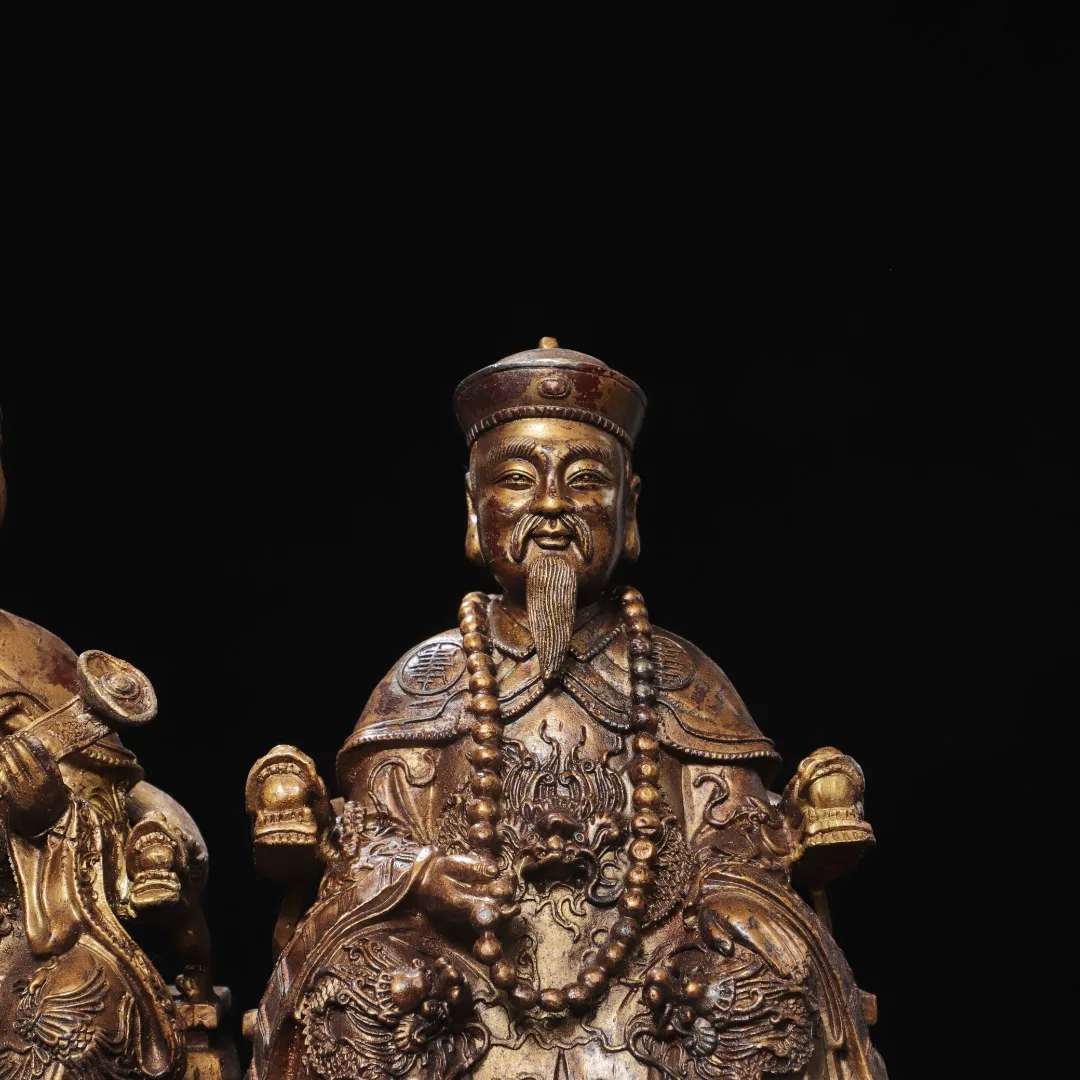 Old Bronze Gilded Cinnabar Uncle Hu San Hu Santai Milk Sitting Buddha Immortal a set Worship Hall