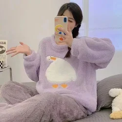 Autumn Winter Flannel Warm Women's Pajamas Sets Cartoon Two Piece Set Pyjamas Coral Velvet Long Sleeve Purple Women Sleepwear