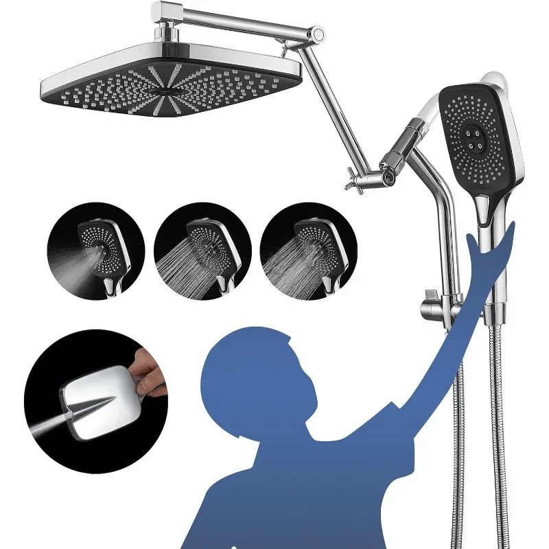 

12" High Pressure Rain/Rainfall Shower Heads with Handheld Spray Combo (3+1 Settings & Built-in Power Wash Mode), Double/Dual