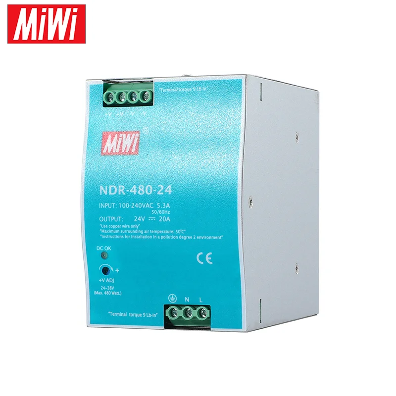 

2 Years Warranty 480W 110V/220V AC TO DC 24V 20A DIN Rail Switching Power Supply NDR-480-24
