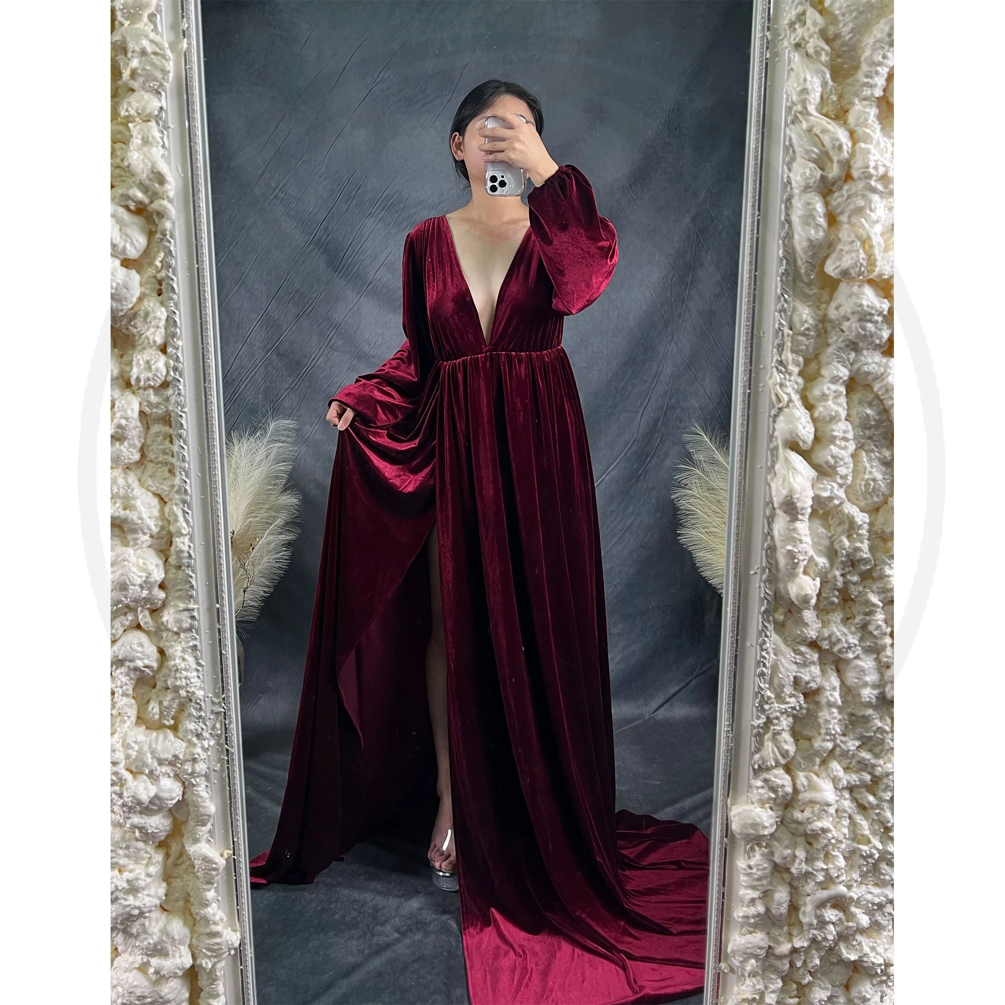 Don&Judy Deep V-neck Front Slit Velvet Maternity Photo Shoot Dress Vintage Evening Party Photography Dress Clothes Photo Session