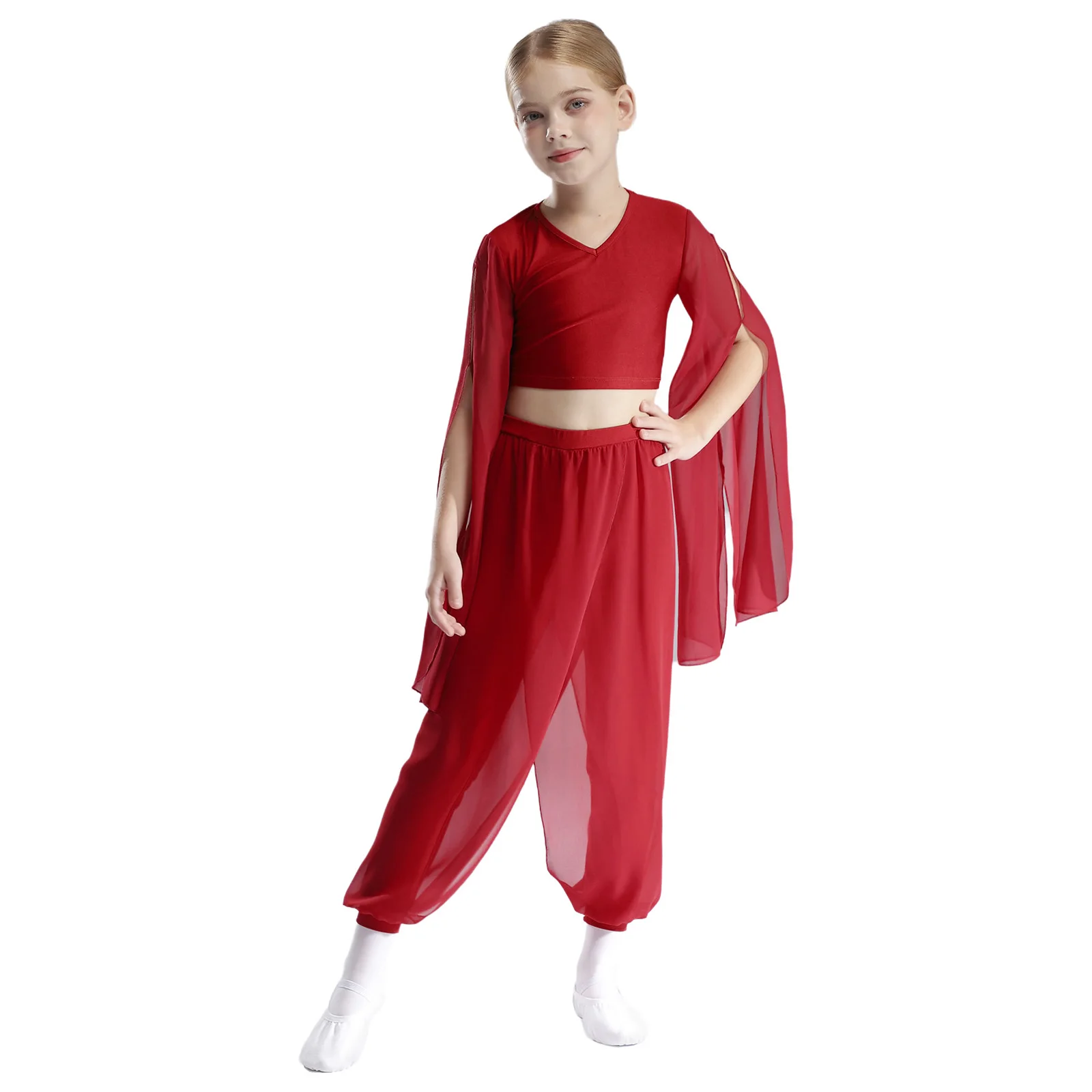 2 Pcs Kids Girls Classical Dance Outfit Split Flared Sleeves Crop Top with Pants for Classical Dancing Practice Performance Wear