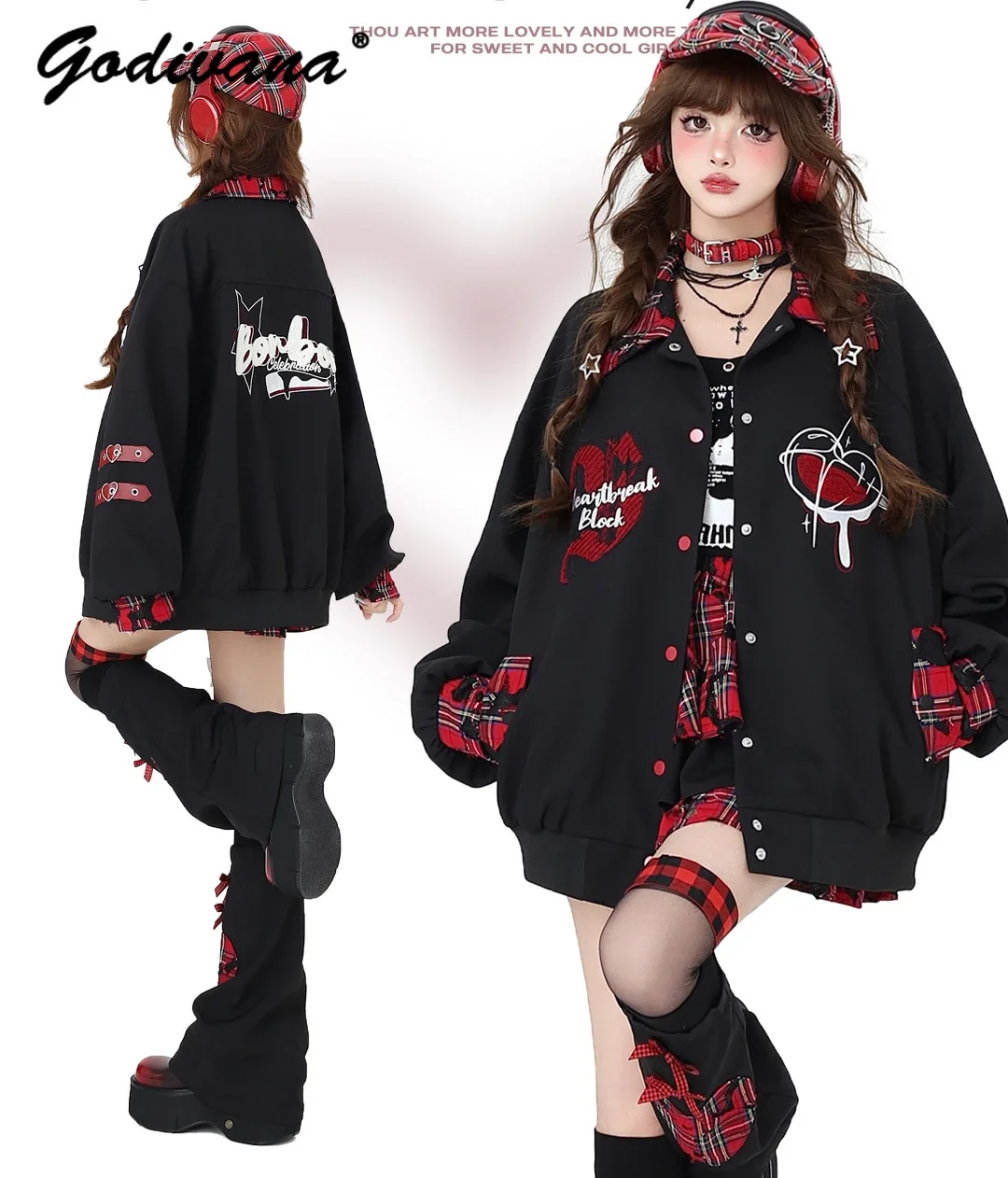 

Original Subculture Embroidered Girls Plaid Splicing Baseball Jersey Jacket New Autumn and Winter Girl Women Loose Jacket Coat