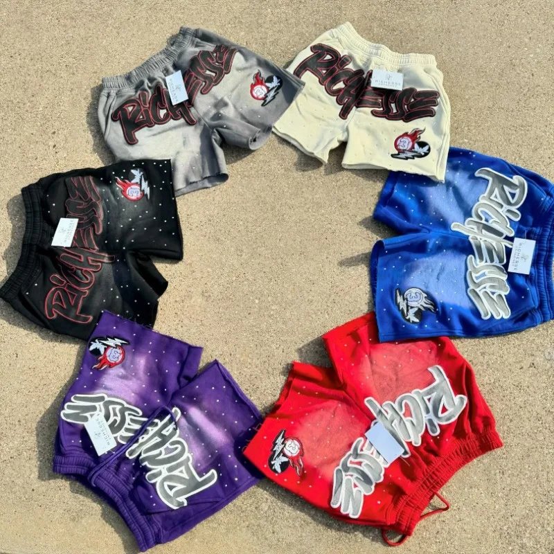 Y2K Harajuku Men Shorts Rhinestone Letter Print Cotton sweatpants Fashion NEW Hip Hop Basketball Streetwear Loose Casual Shorts