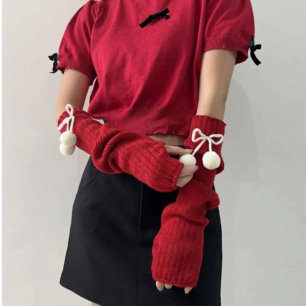 

Модные длинные теплые перчатки, милые пушистые шарики, морозостойкие теплые вязаные перчатки без пальцев с рукавами, женские