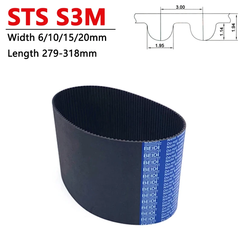 

1pcs STS S3M Timing Belt 279/282/288/291/294/297/300/303/309/312/318mm Width 6 10 15 20mm Rubber Closed Loop Synchronous Belt