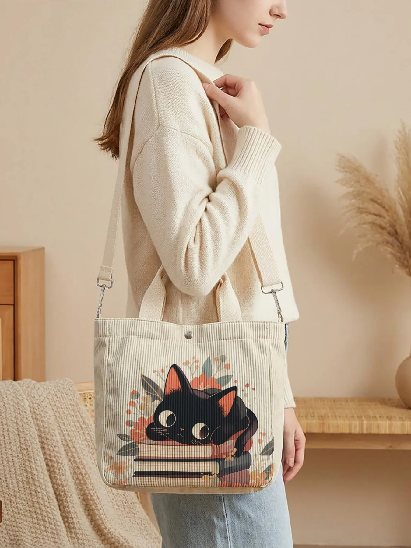 Black Cat Print Crossbody Tote Bag Removable Strap Handbag For Shopping Daily Use