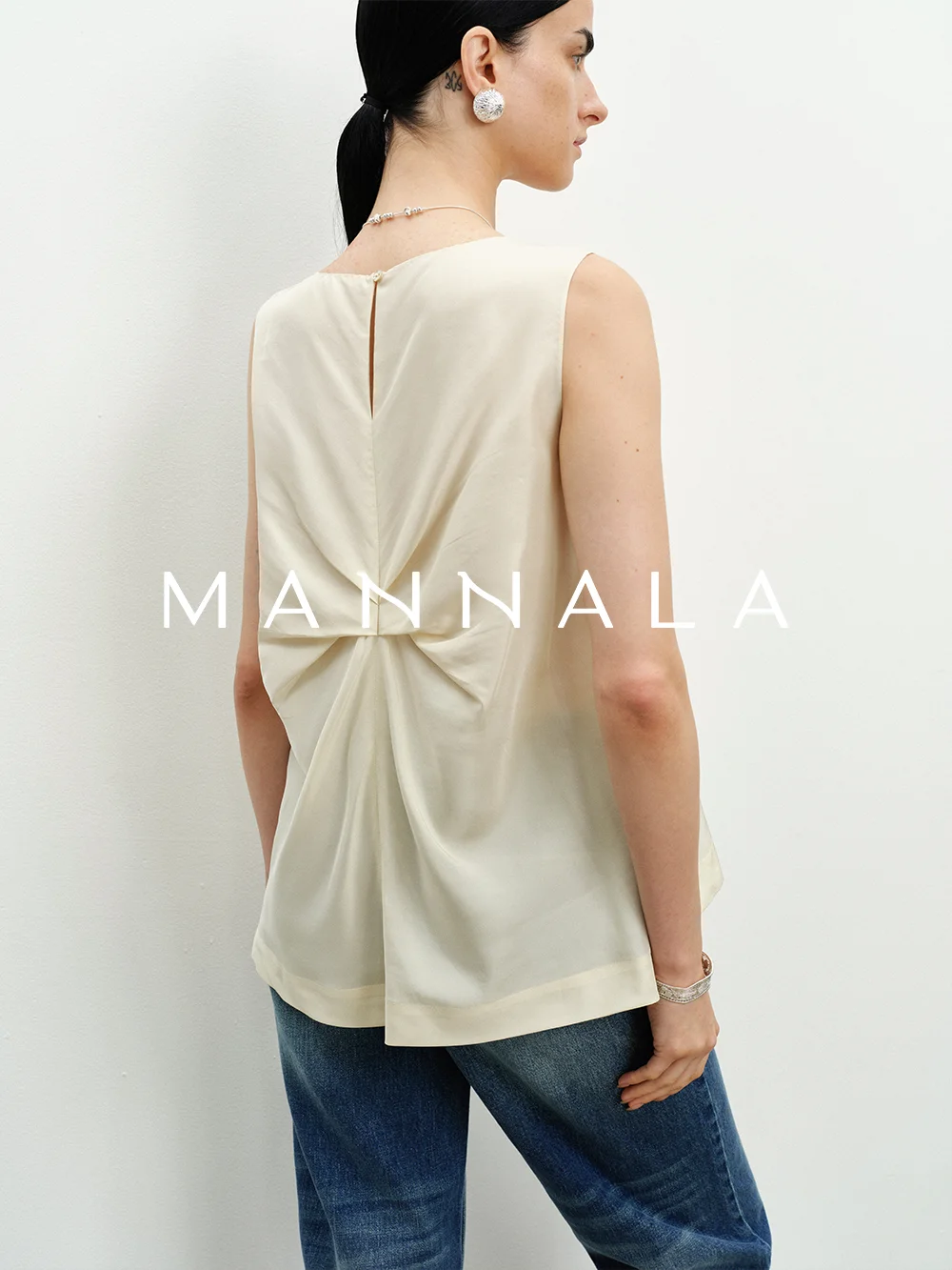 

Ele MANNALA Silk Blend Svel Vest Asymmetrical Hemline True Silk Trim Fold Design Women's Summer Top