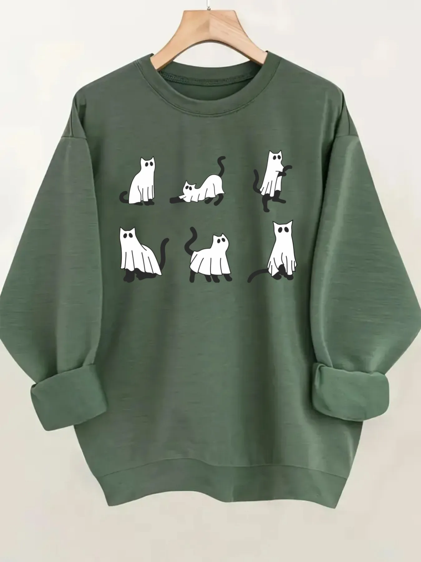Women's Crew Neck Pullover Sweatshirt Cute Cat Prints Design, Soft Casual Long Sleeve, Daily Casual Top Outfit, Winter Women's Clothing, Halloween Costume Outfit
