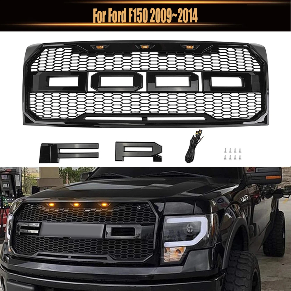 For Ford F150 2009~2014 Pickup Auto Parts Custom Bright Black Front Car Mesh Grille Trim Replacement Grill Raptor Style With Led