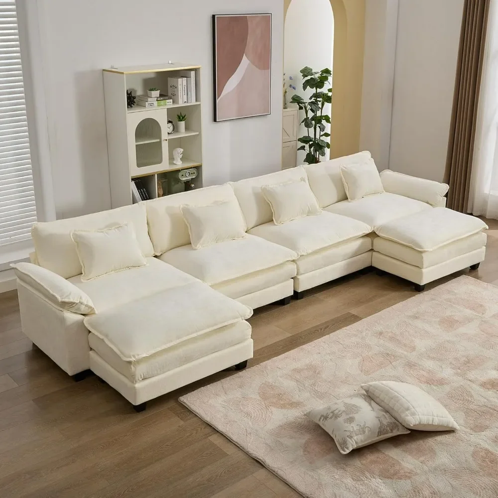 

154" Sectional Sofa Cloud Couch, Velvet U-Shaped Couch Upholstered 4-Seat Sofa with 2 Ottoman, 4 Lumbar Pillow, Modular Couch