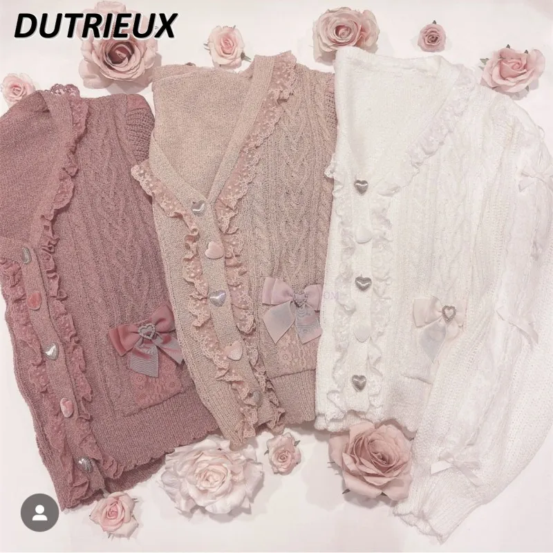 

Refined Handmade Lace Rhinestone Bow Love Heart Twist Weave Knitted Cardigan Fall and Winter Outer Wear Long Sleeve Sweater Coat