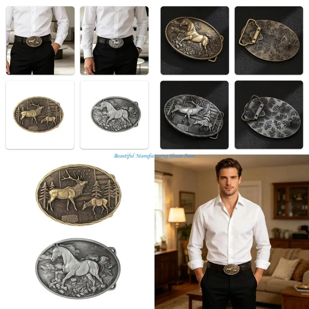 E56A Antique Embossed Horse Belt Buckle For Leather Straps With 3D Geometric Pattern Unisex Fashion Clasp Belt Accessory