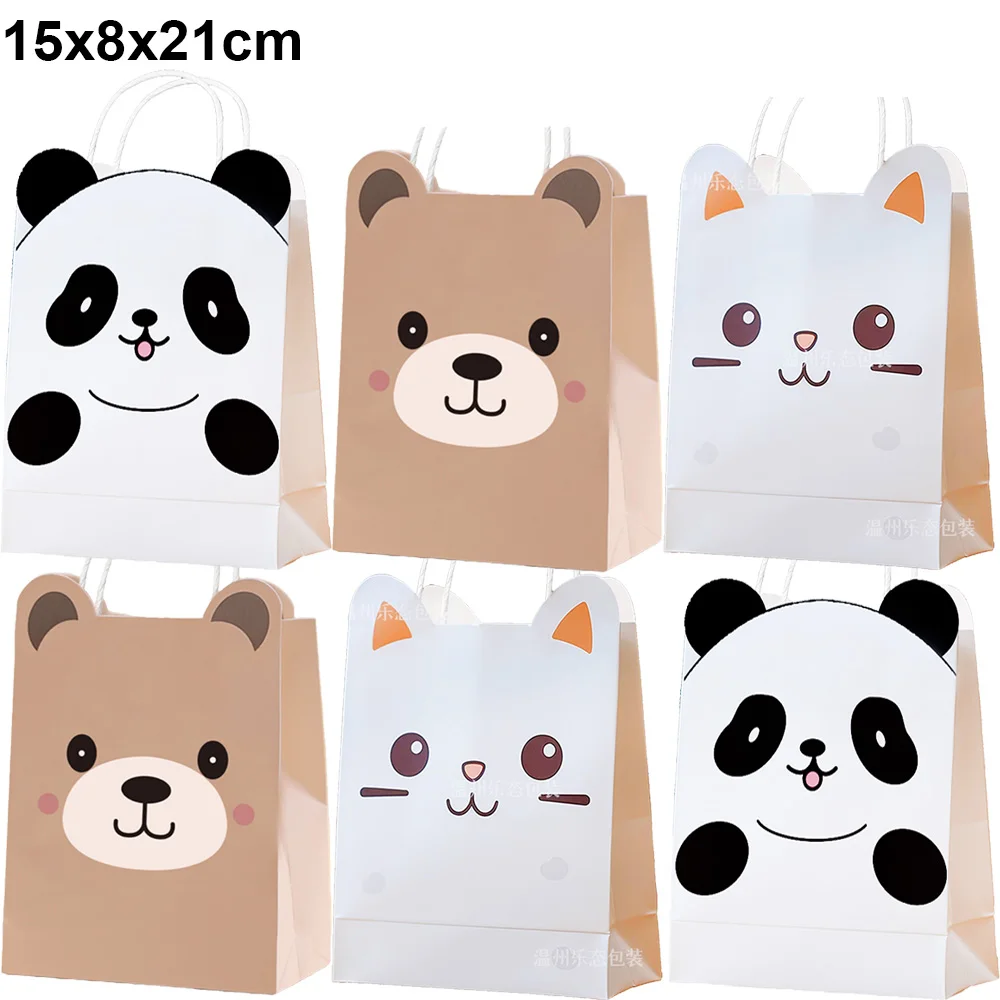 6/12/24/48 Stuks Dieren Papieren Goodie Bags Met Handvat Panda Kat Beer Gift Bag Snoep Koekjes Zakken voor Party Decoraties Levert