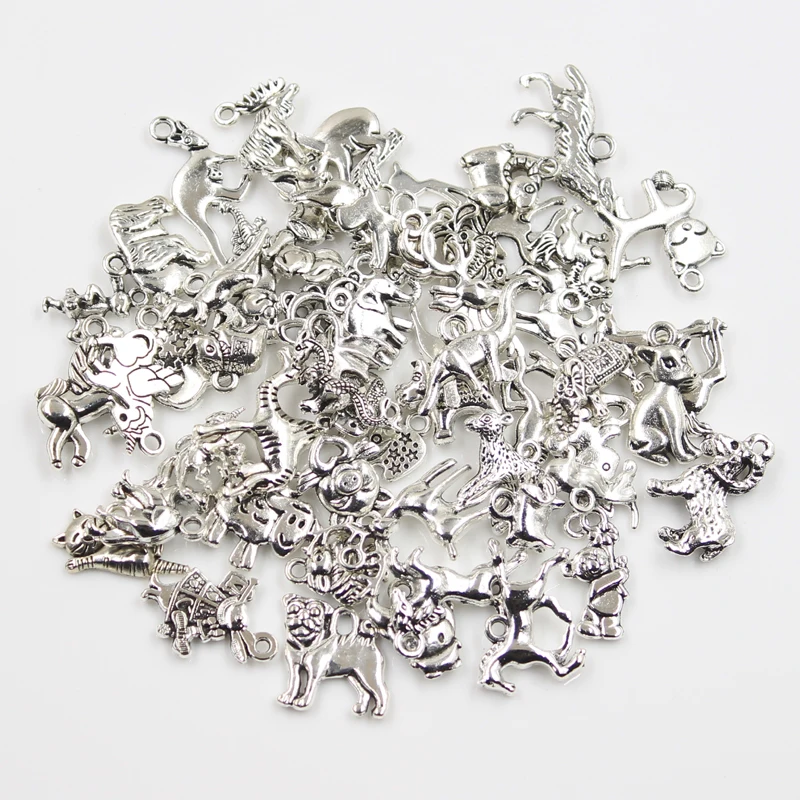 30pcs Charms Beer Dog Bull Wolf Pig Cat Sheep Deer Unicorn Antique Silver Color Mixed DIY Pendants Tibetan Findings Jewelry