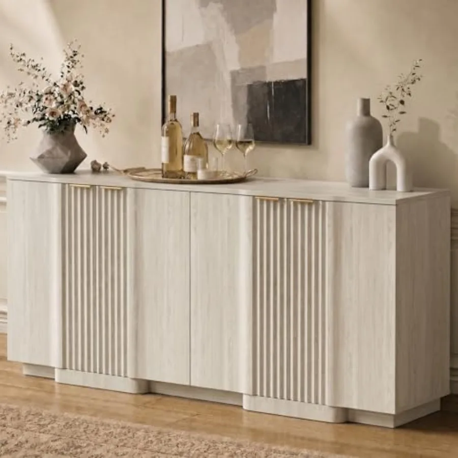 55 Fluted Sideboard Buffet Cabinet with Storage, Credenza for Dining Room Wood, Natural Finish Sleek Vertical Grooves, Ample Co