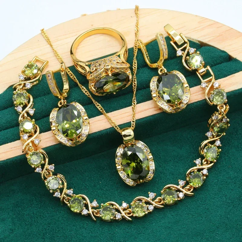 Geometric Wedding Gold Color Jewelry Set for Women Olive Green Zircon Bracelet Earrings Necklace Pendant Ring  Gift