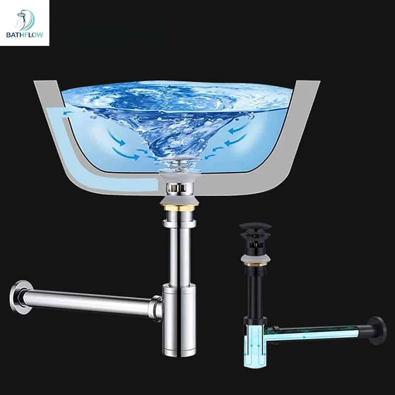 Brushed Gold Basin Waste Drain Plumbing P-Trap Bathroom Sink Siphon Drain Sewer Pipe Kit  Brass Body Wall Drain